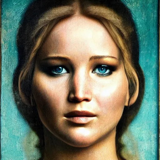 Prompt: a striking hyper real painting of Jennifer Lawrence by da Vinci.