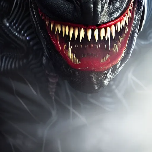 Image similar to joker venom portrait, close up, futuristic sci-fi, alien fabric, venom costume, black slime, roots, chrome mask, beams of light, fog atmosphere, highly no detailed, atmospheric, dark aesthetics, artstation, octane rendering, ultra realistic, 8k