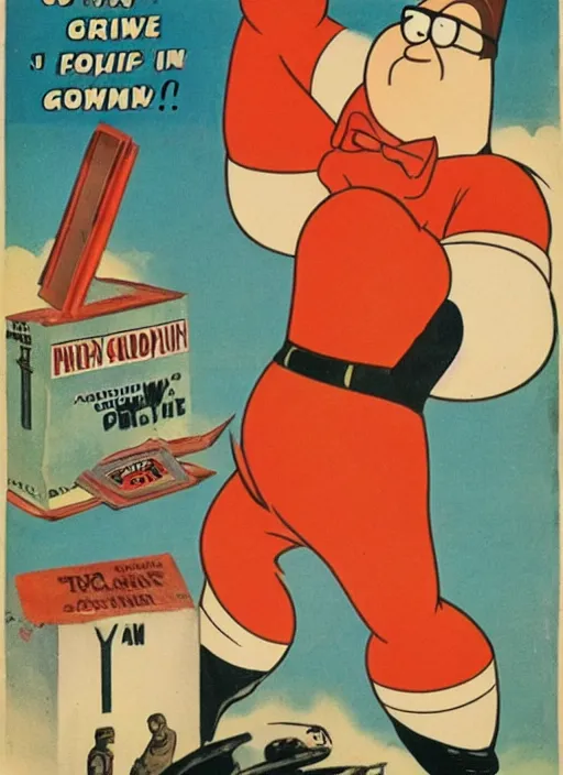 Image similar to creepy peter griffin, 1940s scare tactic propaganda art