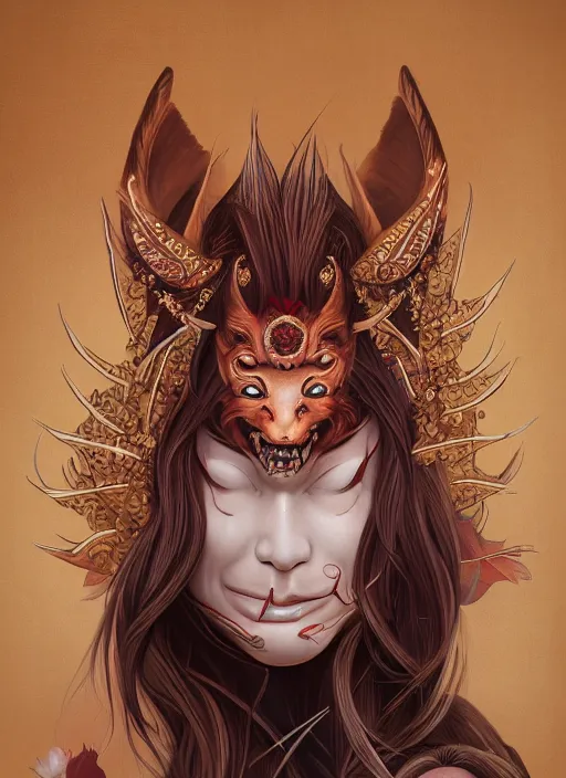 Image similar to a beautiful detailed oil on copper art illustration of a japanese kitsune hannya mask devil woman, centered, by charlie bowater, zeng fanzh, trending on artstation, dim dusk lighting, cinematic lighting, detailed lighting, volumetric lighting, realistic, f 8, 4 k hd wallpaper