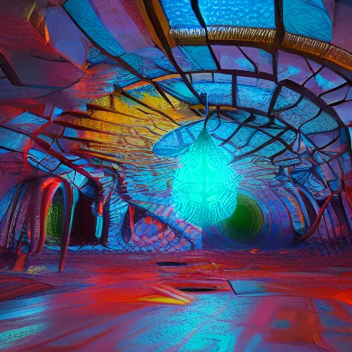 Image similar to underground cinema, realistic architecture, colorfull lights, octane render, 4k, 8k, fractals, psychedelic