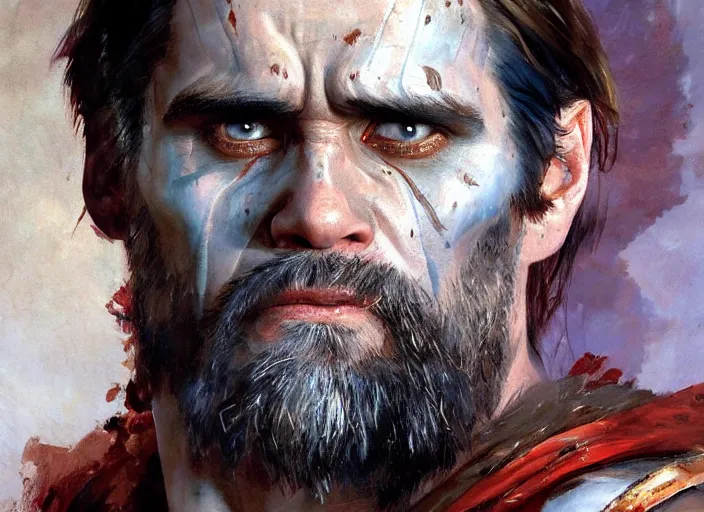 Image similar to a highly detailed beautiful portrait of jim carrey as kratos, by gregory manchess, james gurney, james jean