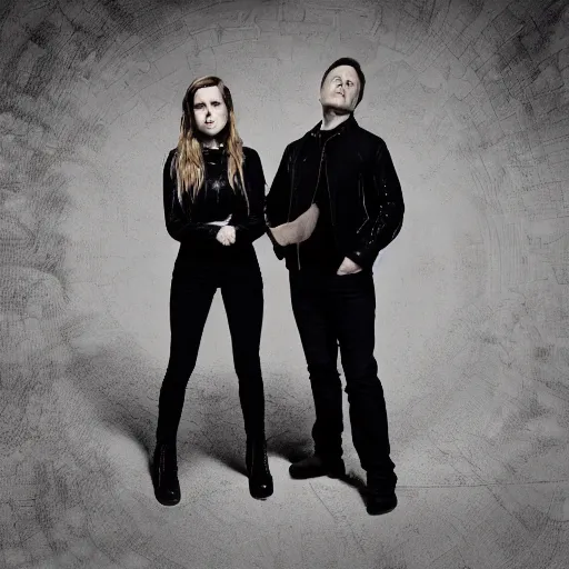 Image similar to elon musk and emma watson on a metal album cover