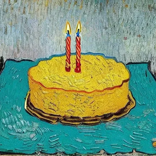 Prompt: birthday cake painting by van gogh