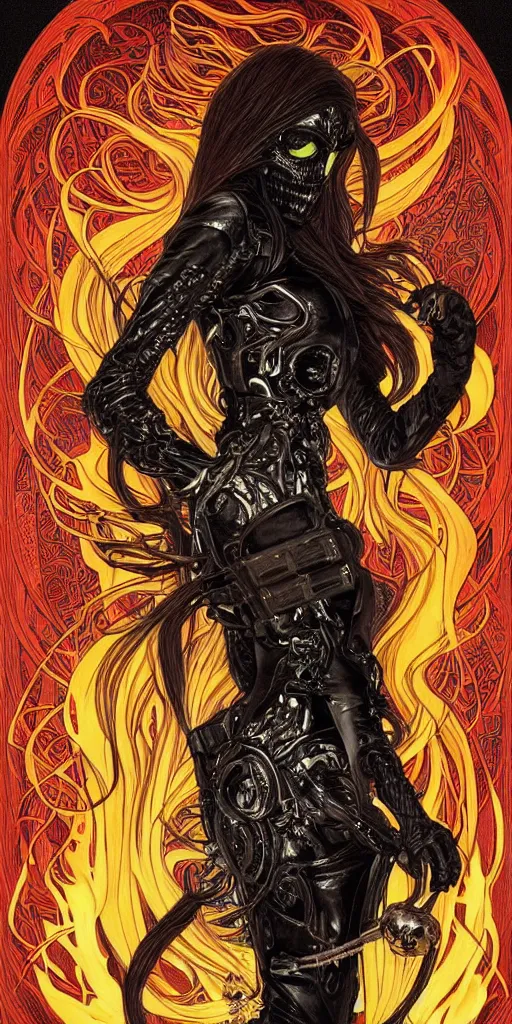 Prompt: a finely detailed beautiful!!! feminine cyberpunk ghost rider with skull face and long flowing hair made of fire and flames, dressed in black leather, by Alphonse Mucha, designed by H.R. Giger, legendary masterpiece, stunning!, saturated colors, black background, full body portrait, viewed from medium distance away so the full body is visible, trending on ArtStation