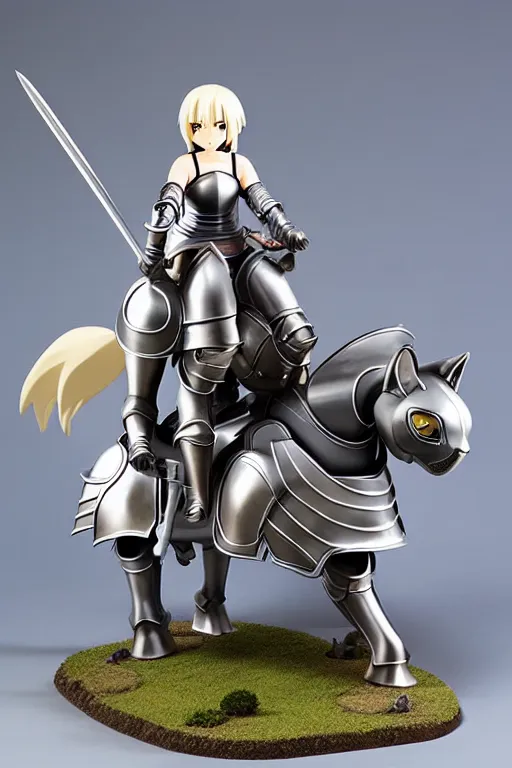 Image similar to female knight riding a heavy armored giant cat, finely detailed features, by studio ghibli