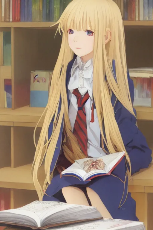 Prompt: a loli with blonde long hair in a jk uniform outfit in the class room reading a book in after noon, warm theme, by krenz cushart and mucha and akihito yoshida and greg rutkowski and makoto shinkai, detailed eyes, 4 k resolution