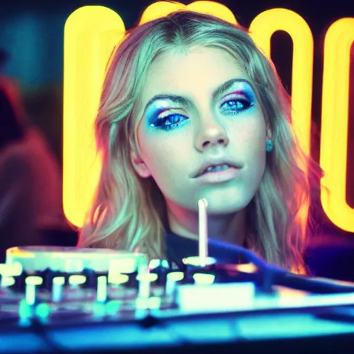 Image similar to A young, blonde-haired woman with soft facial features and blue eyes, 35mm photograph, neon lights in the background, DJing at coachella