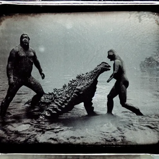 Image similar to tintype photo, underwater, Bigfoot fighting Godzilla