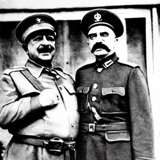 Image similar to 1942 photograph of Danny DeVito in a Soviet officer's uniform standing next to Joseph Stalin