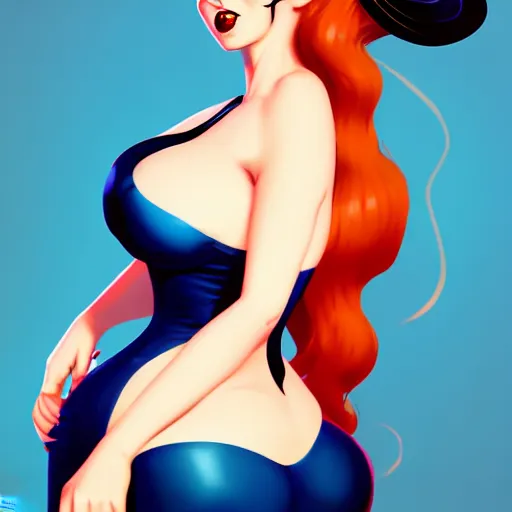 Image similar to rockabilly curvy woman long blond hair blue eyes, wholesome, digital art, cinematic, concept art, 8k, painting, imaginefx, cgsociety, trending on artstation, wide shot, full shot