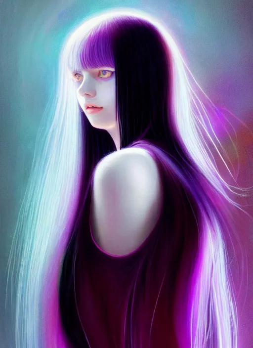 Image similar to hair whitebangs hair, black hair, whitebangs, portrait of teenage girl with white bangs, red irises, purple clothes, white bangs, bangs are different color from hair, intricate, elegant, glowing lights, highly detailed, digital painting, artstation, concept art, smooth, sharp focus, illustration, art by wlop, mars ravelo and greg rutkowski