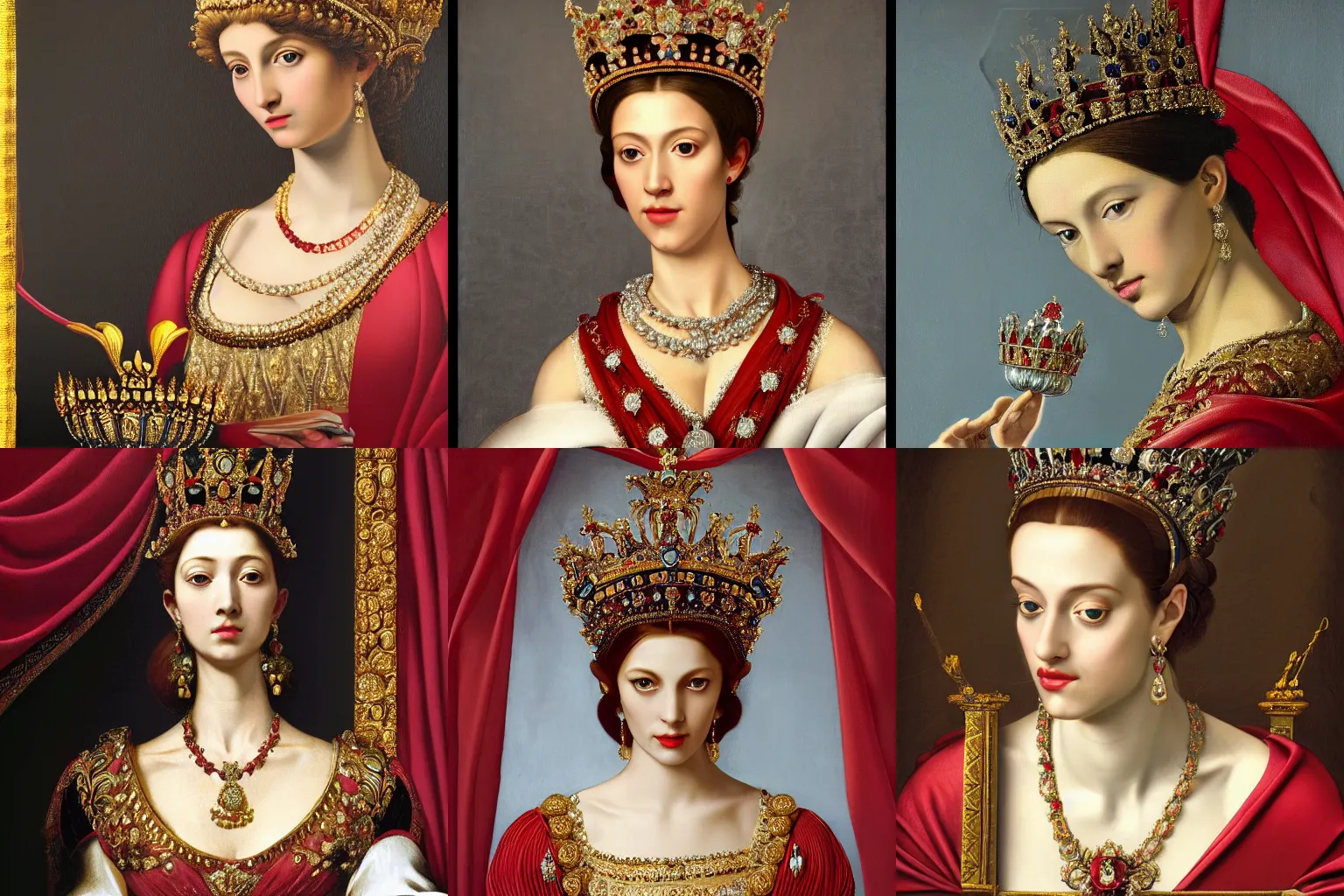 Image similar to A extremely highly detailed majestic hi-res beautiful head and shoulders painting of a beautiful woman wearing a long royal red silk dress, the crown jewels is on her head and she is holding a golden goblet and around her neck is a ornate golden necklace decorated with diamonds and rupees by Michelangelo Merisi da Caravaggio, high detail, hyperrealistic, photorealistic, octante render, cinematic, high textures, royaltly, royal, hyper sharp, 4k insanely detailed and intricate, hypermaximalist, 8k, hyper realistic, super detailed, 4k HDR hyper realistic high,