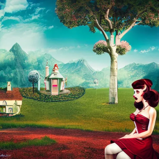 Prompt: a giant alice in wonderland, pin up, houses, trees, mountains, woman, city, digital art, photo