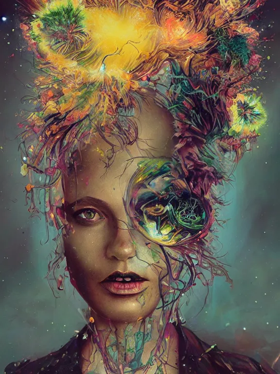 Prompt: art portrait of space zombie with flower exploding out of head,8k,by tristan eaton,Stanley Artgermm,Tom Bagshaw,Greg Rutkowski,Carne Griffiths,trending on DeviantArt,face enhance,hyper detailed,minimalist,cybernetic, android, blade runner,full of colour,