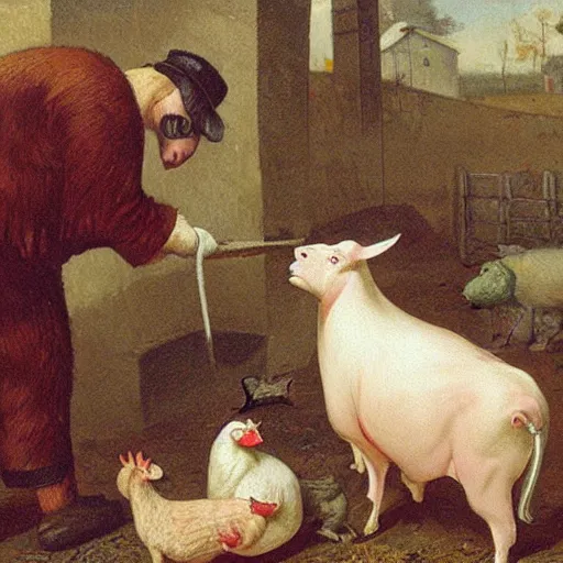Image similar to butcher feeding a cat, while being watched by a pig, a sheep, a chicken and a cow