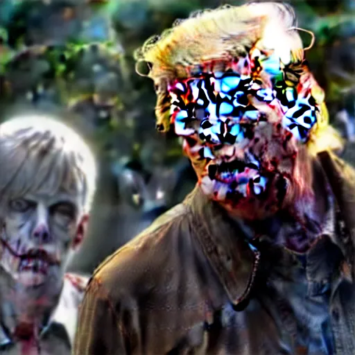 Image similar to donald trump as zombie in the walking dead. movie still. cinematic lighting