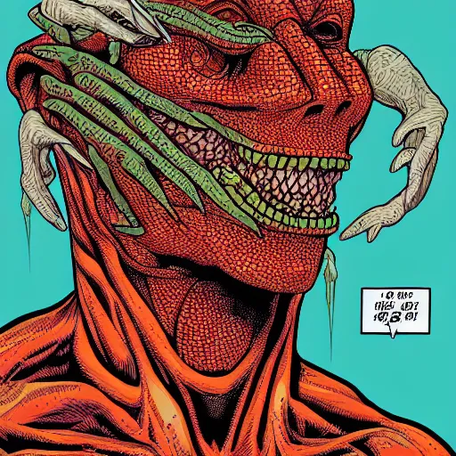 Image similar to portrait of lizard man removing human skin mask by Dan Mumford and Josan Gonzalez, ultra detailed, hyper realism