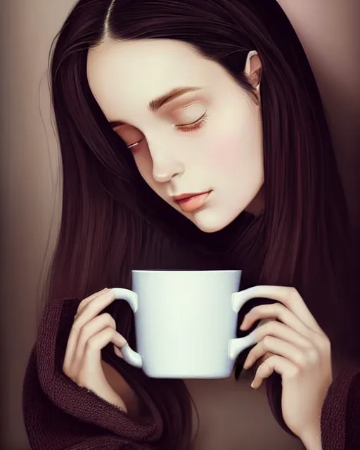 Prompt: a dreamy painting of a pretty french girl with dark hair, wearing an oversized sweater, cuddled up by a windowsill making eye contact with the viewer, holding a mug of hot tea covering her lower face. In the style of ilya kuvshinov, elegant, highly detailed, photorealistic, digital painting, bokeh, HDR, high resolution, artstation, concept art, smooth