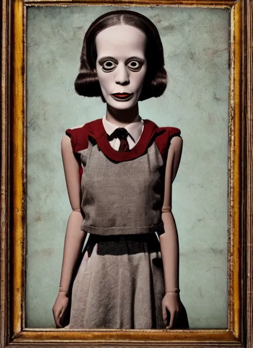 Image similar to surreal portrait of a creature with the body of a 1950's school-girl dress wearing mannequin and whose head is a tarantula, inspired by Mark Ryden and Marion Peck, hints of Cronenberg