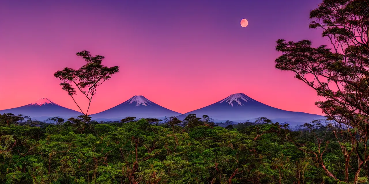 Image similar to pink sunset mt fuji, eucalyptus trees, tropical forest in the background with mountains, hilly meadows with flowers, the moon in the sky, cinematic lighting, hd 4k photo