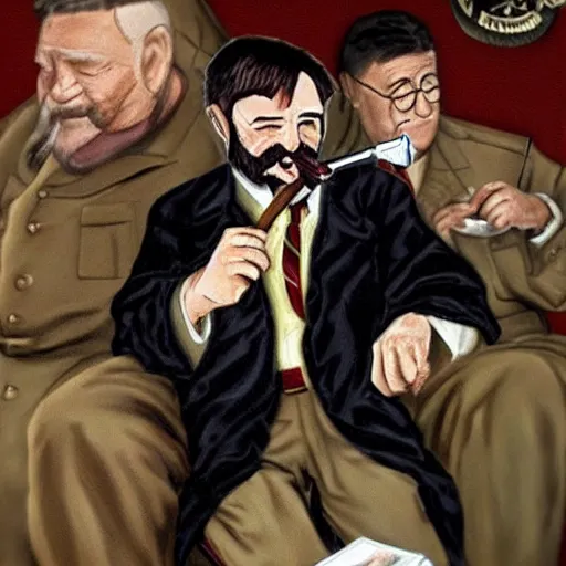 Prompt: Harry Potter smokes a Cuban cigar with Fidel Castro. Photo. Good quality. Hyperrealism.