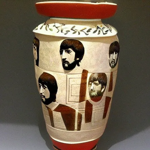 Image similar to vase work, vase art of The beatles in art style of greek art, fragmented clay firing Greek vase with an The beatles, greek art!!!!! greek art