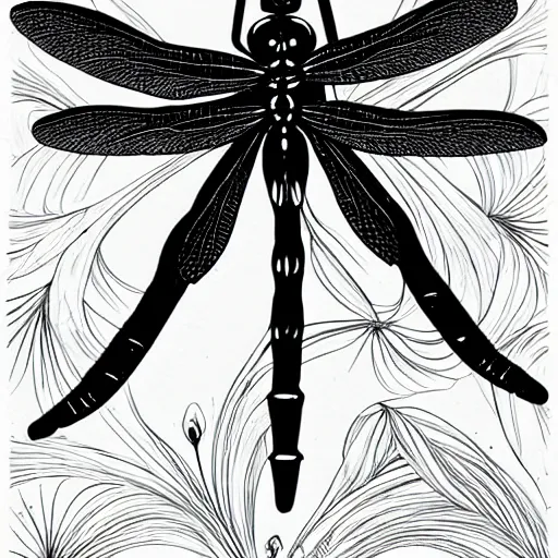 Prompt: dragonfly, black and white, botanical illustration, black ink on white paper, bold lines