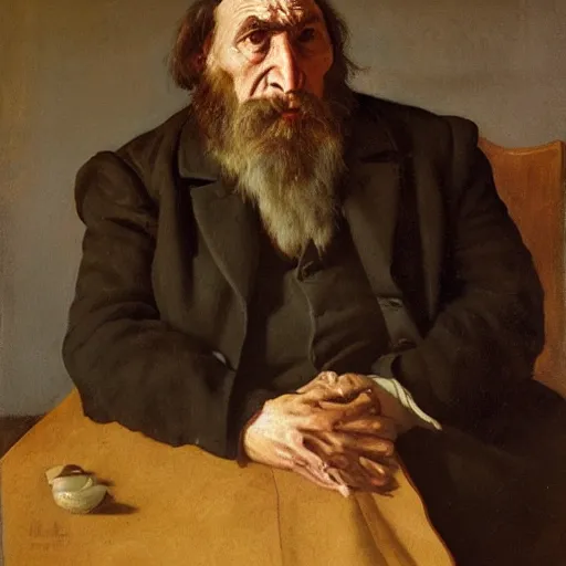 Prompt: portrait of a neanderthal as a victorian country vicar in the style of pietro annigoni, 1 8 9 5, oil on canvas, national portrait gallery