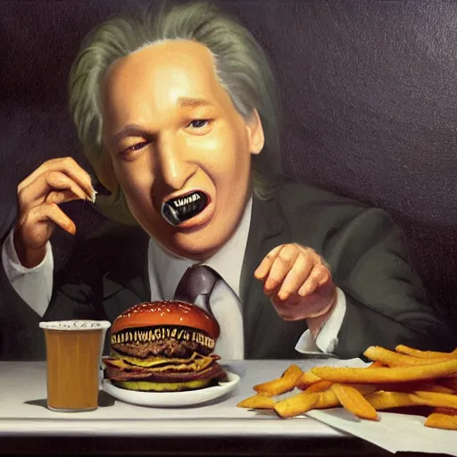 Prompt: surreal grotesque kitsch low-brow portrait of Bill Maher emerging from deep shadows eating hamburgers, extra onions and ketchup, luscious patty with sesame seeds, figure in the darkness, serving big macs, french fry pattern ambience, Francisco Goya, painted by John Singer Sargant, Adrian Ghenie, style of Francis Bacon, highly detailed, 8k, trending on artstation