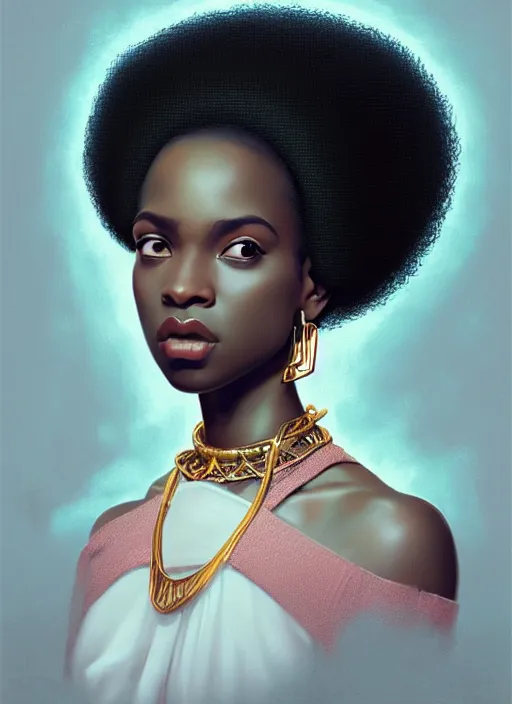 Prompt: portrait of young black woman with afro puffs, afro - futurist style, intricate, elegant gleaming jewelry, angelic halo, highly detailed, digital painting, artstation, concept art, smooth, sharp focus, illustration, art by wlop, mars ravelo and greg rutkowski