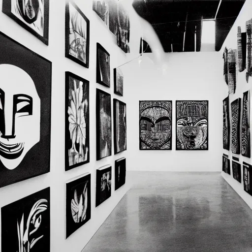 Image similar to A black and white screen print photography of gallery exhibition view from the 60s, neon light, anthropology, colonial, wild, exotic, masks, ethnography, screen printing