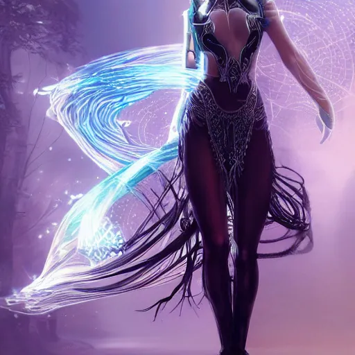 Image similar to A still of an ethereal, mysterious stunning maximalist mesmerizing elven girl from the rainbow sky paradise in Tron: Legacy (2010), high-tech, Victorian gothic lolita fashion, highly detailed, very beautiful painting by artgerm and WLOP, medium shot, cinematic lighting, concept art, artstation, D&D RPG portrait