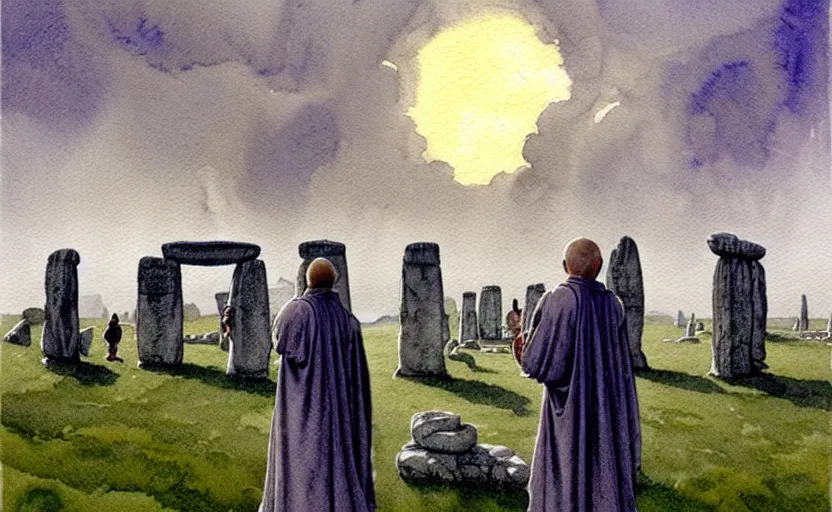 Image similar to a hyperrealist watercolour character concept art portrait of one small grey medieval monk pointing up in the air in front of a floating portal above a complete stonehenge monument on a misty night. by rebecca guay, michael kaluta, charles vess and jean moebius giraud