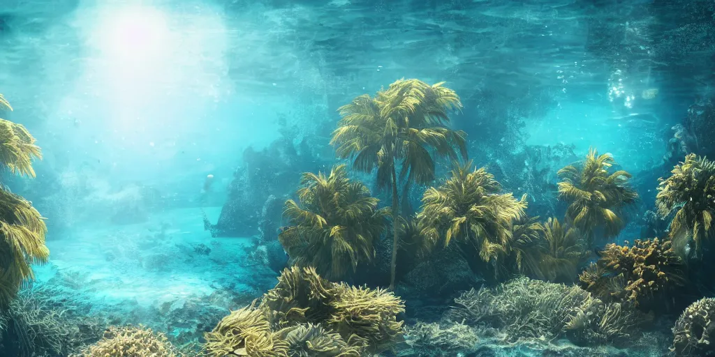 Image similar to underwater beach with palmtrees seaweed air bubbles, golden hour, caustics, shallow depth of field, moody lighting, 8 k, concept art,