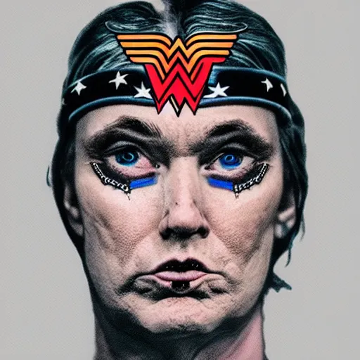 Image similar to donald trump as wonder woman but with facial tattoos like a soundcloud rapper