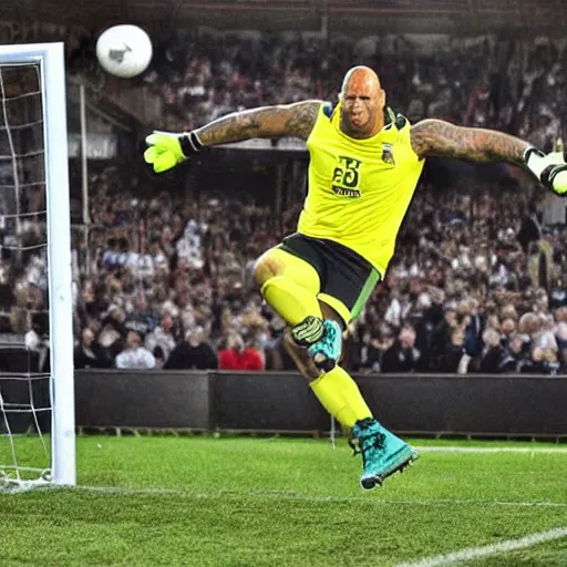 Image similar to Dwayne Johnson as goalkeeper