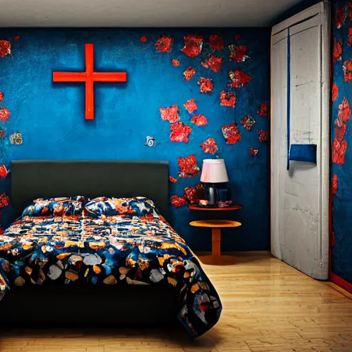 Prompt: male artist's messy, cluttered, dirty bedroom with blue and black floral painted walls and a big bold red christian cross on the wall. black flowers painted on walls. realistic, highly detailed, sharp focus, volumetric lighting, full shot, 3 5 mm, unreal engine,