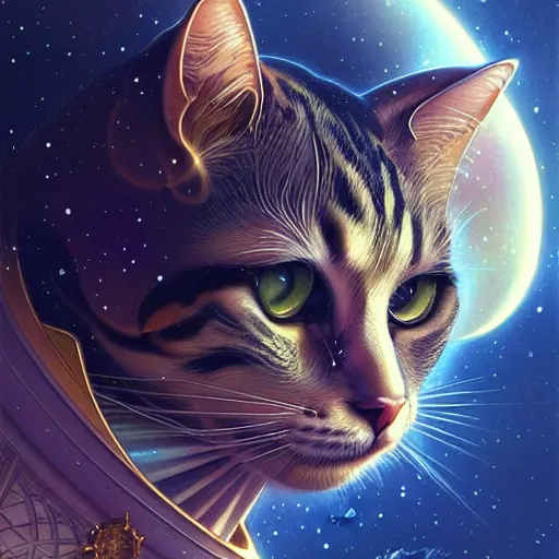 Prompt: Portrait of cat in space, intricate, elegant, highly detailed, digital painting, artstation, concept art, smooth, sharp focus, illustration, art by artgerm and greg rutkowski and alphonse mucha