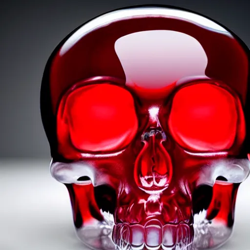 Image similar to transparent half filled with turbulent red liquid inside in a leaking transparent skull