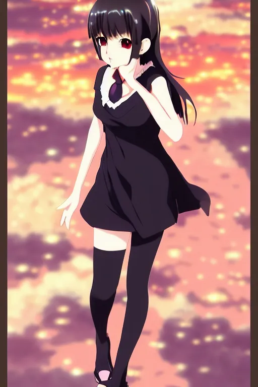 Prompt: anime art full body portrait character concept art, anime key visual of elegant young female, black hair and large eyes, finely detailed perfect face delicate features directed gaze, vibrant city night background, bokeh, trending on pixiv fanbox, studio ghibli, extremely high quality artwork