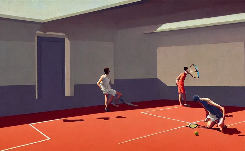 Image similar to Inside a greek tennis court, very coherent, painted by Edward Hopper, Wayne Barlowe, painted by James Gilleard, airbrush, art by JamesJean