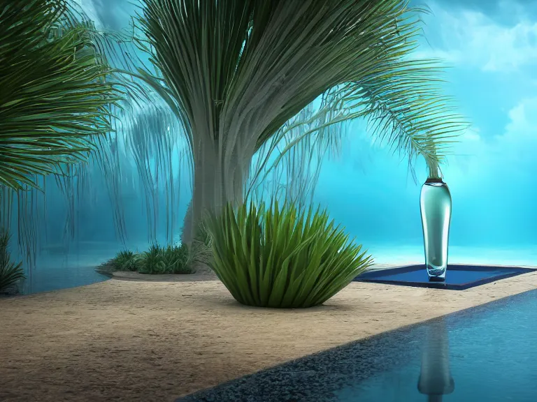 Image similar to perfume bottle standing in a desert oasis in deep blue pond water surrounded by tropical flora by zaha hadid ; octane highly render, 4 k, ultra hd, 2 0 0 mm, mute dramatic colours, soft blur outdoor stormy sea background, volumetric lighting