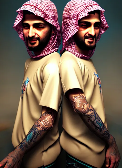 Image similar to portrait, twins playing video games, sheik mohammad ruler of dubai, hyperdetailed illustration by irakli nadar and alexandre ferra, intricate linework, unreal engine 5 highly rendered, global illumination, detailed and intricate environment