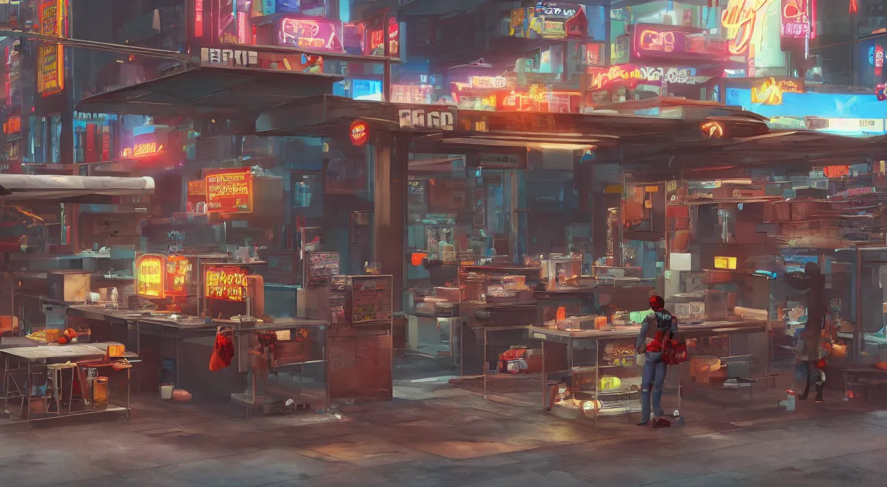 Image similar to a cyberpunk hot dog vendor stands on a main street, unreal engine, octane render, artstation