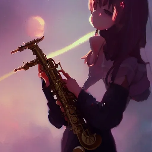 Image similar to anime girl Playing the sax instrument , digital Art, Greg rutkowski, Trending cinematographic artstation