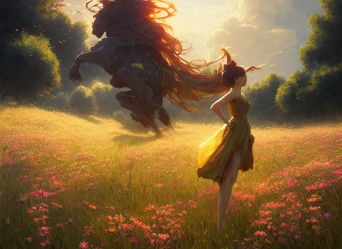 Image similar to detailed intricate digital illustration by greg rutkowski and artgerm and wlop and sanford robinson gifford ; beautiful meadow with colorful flowers and puffy clouds in background ; 1 3 mm film, arri alfa anamorphic lens ; sharp focus, golden hour lighting, trending on artstation 4 k ; close view