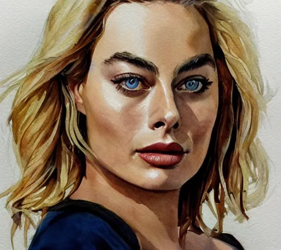 Image similar to A realistic portrait of margot robbie, watercolor art, highly detailed, trending on artstation