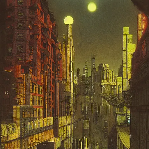 Prompt: retrofuturistic city by John Atkinson Grimshaw, Richard Corben