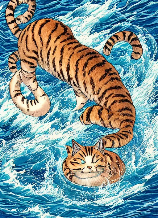 Image similar to illustration of one giant cat in the middle of the sea by miyazaki, hiroyuki kato, keisuke goto, highly detailed